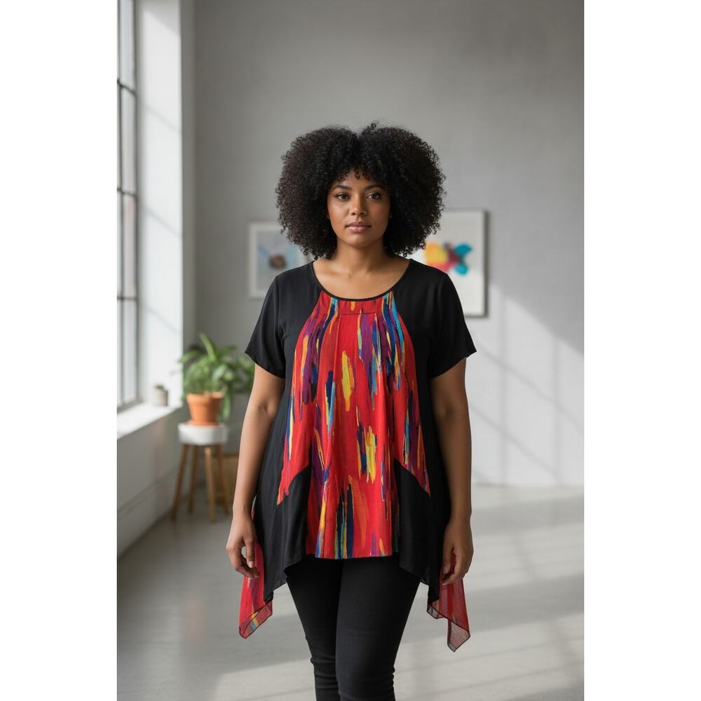 Radzoli Colorful Tunic Top Uneven Hem Bright Sz 1X Sharkbite Hem Flowy Loose